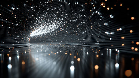 glowing dots moving through circuit-patterned dark tunnel, with reflective walls. Generative AIの素材