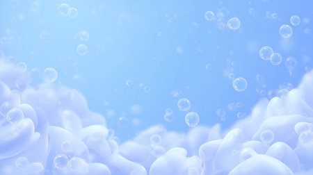 floating iridescent bubbles with thin rainbow edges over silky blue backdrop with scattered suds. Generative AIの素材