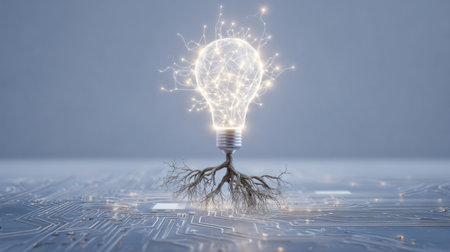 glowing light bulb growing from circuit board roots, symbolizing AI learning and innovation. Generative AIの素材