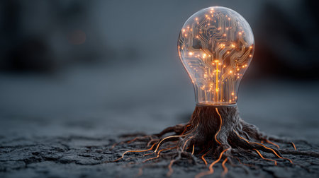 glowing light bulb growing from circuit board roots, symbolizing AI learning and innovation. Generative AIの素材