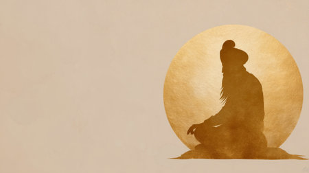 Minimalist tribute, silhouette of Guru Nanak in meditative posture with golden halo on soft beige background. Generative AIの素材
