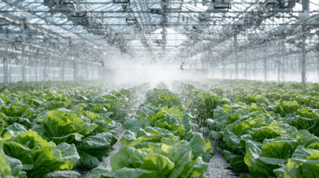 solar-powered urban greenhouse, automated watering arms tending to rows of leafy vegetables under glass dome. Generative AIの素材