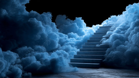 surreal magic fog, light blue smoke forming stairs floating in black voi. Generative AIの素材
