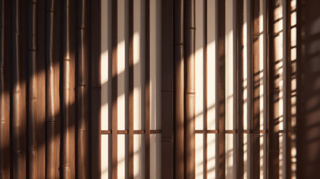 Slatted bamboo room divider casting soft shadows in a minimalist zen space. Generativeの素材
