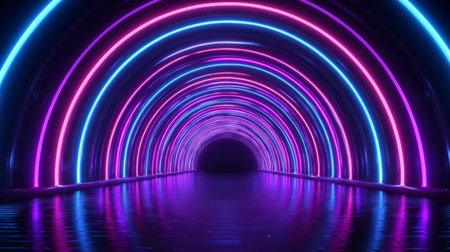 Neon-light tunnel with infinite reflections, vibrant purple and blue tone. Generativeの素材