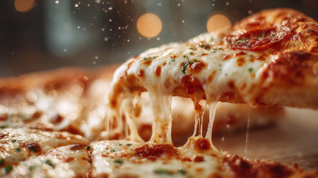 Perfect pizza slice lifted, stretchy mozzarella, tomato sauce glistening. Generativeの素材