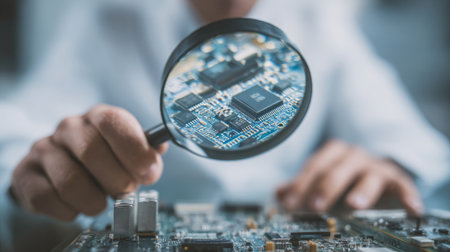 Minimalist aesthetic, tech worker assembling circuit board under magnifying lens. Generativeの素材