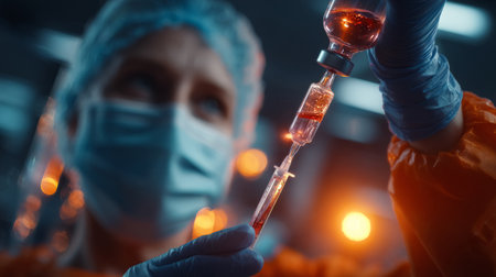 Nurse installing IV drip, close-up on gloved hands, clean hospital environment. Generative AIの素材