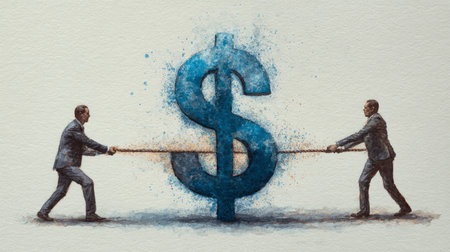 two businessmen from different countries pulling opposite ends of massive dollar sign, caught in tariff dispute. Generative AIの素材