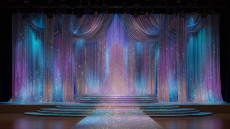 Patterned fabric backdrop with vertical pleats in a runway setting. Generativeの素材