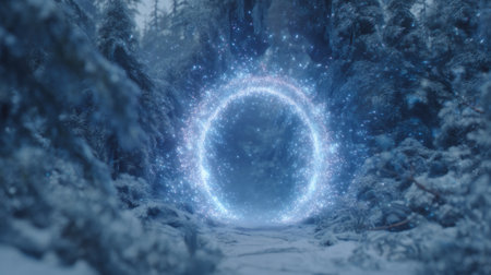 glowing portal opening into a snowy forest with shimmering particles around it. Generative AIの素材