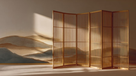 Slatted bamboo room divider casting soft shadows in a minimalist zen space. Generativeの素材