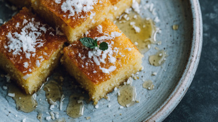 top view, plate of freshly baked basbousa squares with coconut flakes and syrup glistening. Generativeの素材