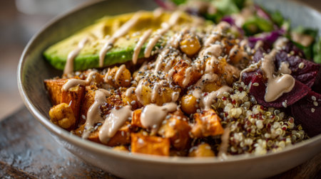 colorful vegan Buddha bowl with quinoa, roasted chickpeas, avocado, sweet potatoes, and tahini drizzle. Generative AIの素材