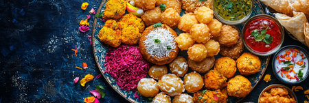 A colorful platter of traditional Makara Sankranti snacks, including fried donuts and savory pastries. Generative AIの素材