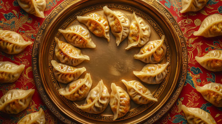 Chinese dumplings jiaozi on a golden tray. Generative AIの素材