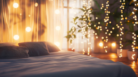 Dreamy minimalist setting with satin textures, glowing fairy lights, and ethereal elegance. Generative AIの素材