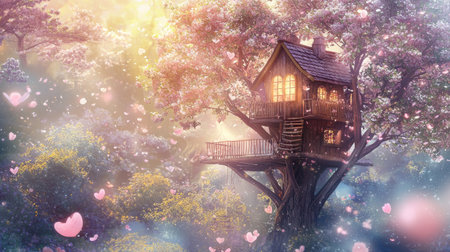 Dreamy treehouse hidden in a watercolor forest, floating petals and soft textures. Generative AIの素材
