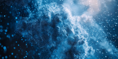 Abstract cloud of pixels dissolving into a dark blue void. Generative AIの素材