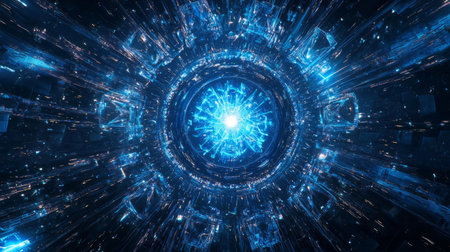 Cyberpunk gateway with intricate holographic symbols, radiating a mix of blue neon. Generative AIの素材
