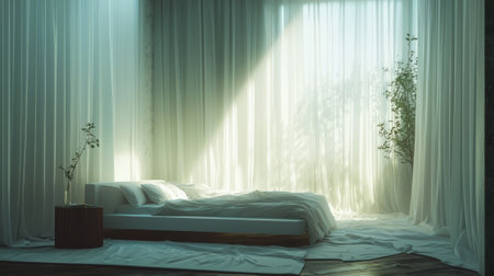 Serene bedroom with floating furniture, and ethereal white curtains, Generative AIの素材