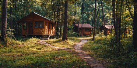 forest with ecotourism paths, cabins made from eco-friendly materials. Generative AIの素材