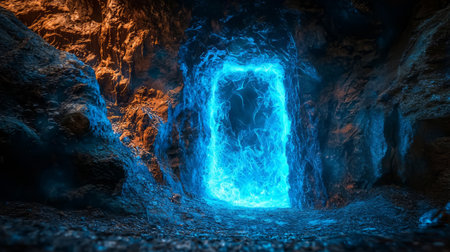 Mystical Glowing Portal in a Dark Cave. Generative AIの素材
