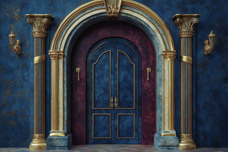 Elegant doors, rich interior in blue and red tones with gold accents create a royal and luxurious atmosphere. Generative AIの素材