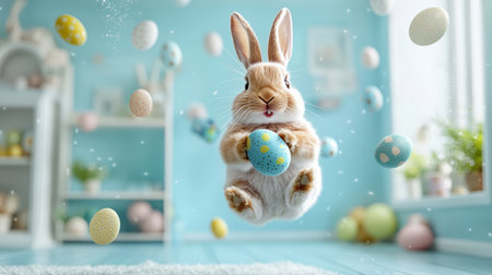 bunny holds a pile of Easter eggs in his hands and jumps in the air. Generative AIの素材