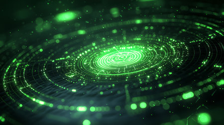 Circular arcs in military green with a subtle radar sweep line, tiny blips, and coordinates to suggest surveillance or detection. Generative AIの素材