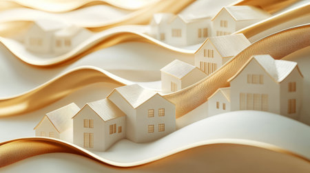 Whimsical Miniature Cityscape in Golden Light in golden fabric and glowing light. Generative AIの素材