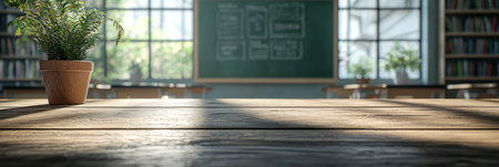 close-up of a rustic wooden table in a warm, inviting classroom with bookshelves, a chalkboard, and natural lighting in the background. Generative AIの素材