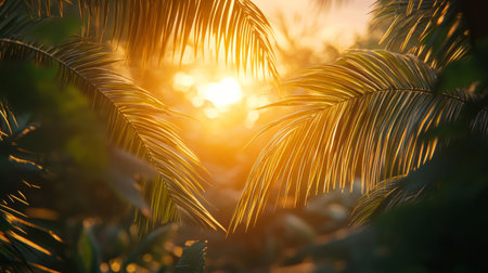 Dreamy summer aesthetic with golden light filtering through palm tree leaves.Generative AIの素材