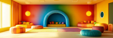 Minimalist colorful playground room with rainbow-themed accents and soft cushions. Generative AIの素材