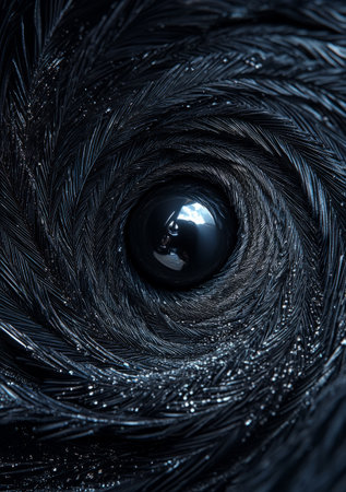 Feathery textures form a soft swirl with a lustrous black pearl at the center. Generative AIの素材