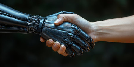 Handshake between a person with a prosthetic arm and another hand, symbolizing support. Generative AIの素材