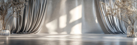 Minimalist modern space with silver satin drapes, diffused natural light, and a serene atmosphere. Generative AIの素材
