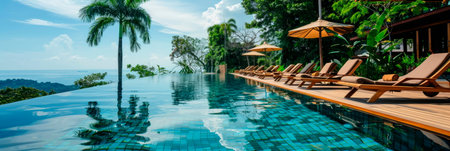 Luxury summer resort poolside with stylish loungers and tranquil water. Generative AIの素材