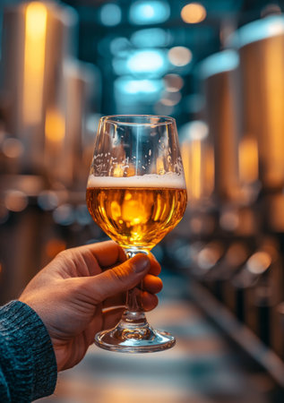 Hands holding glass with beer sample checking color or clarity in brewery. Generative AIの素材