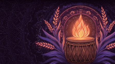 glowing Lohri flame surrounded by stylized sugarcane, dhol and Phulkari patterns. Generative AIの素材