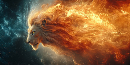 Hyper Realistic animated lion mane flowing like liquid gold, eyes piercing through a stormy backdrop, majestic and intense. Generative AIの素材