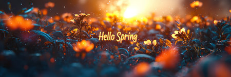 Magical golden sunrise with Hello Spring. Generative AIの素材
