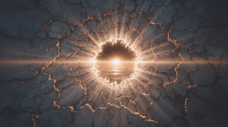 Abstract metaphor background, glowing light piercing through cracked concrete wall, symbol of hope. Generative AIの素材