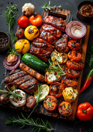 BBQ essentials with grilled meats and vibrant vegetables, blending into an earth-toned gradient for hearty, Generative AIの素材