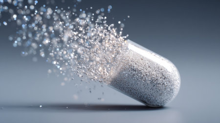 particles escaping capsule like data streams, smooth white tones. Generativeの素材