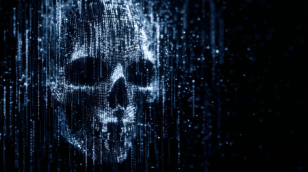 binary horror theme, glowing skull formed from binary digits floating above breached firewall. Generative AIの素材