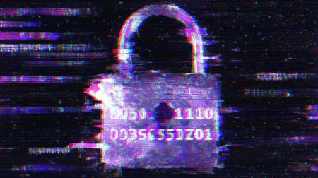 glitch-style, fragmented padlock with error code overlay and screen distortion glitch effects. Generative AIの素材