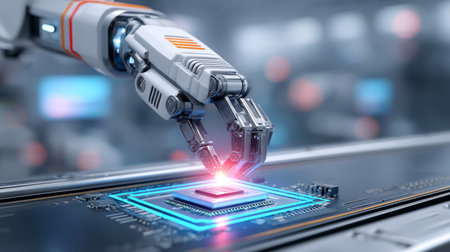 A robotic arm assembling microchips on a glowing circuit board conveyor. Generative AIの素材