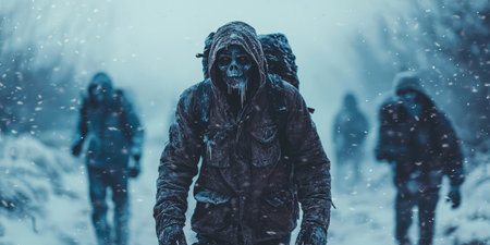 Frozen zombies trudging through a blizzard. Generative AIの素材