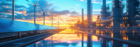 An industrial factory juxtaposed with wind turbines and solar panels in the background, representing the shift towards sustainable energy use in corporate operations. Generative AIの素材